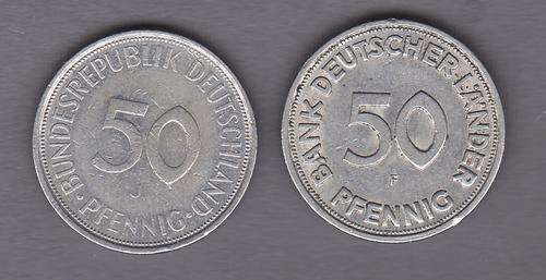 Germany 1949F and 1917 Large J  50 Pfennig Copper Nickle