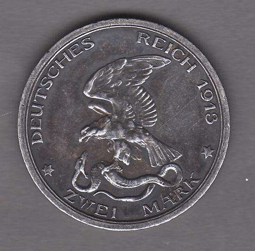 Prussia Very Nice 1913 2 Mark .90 Silver