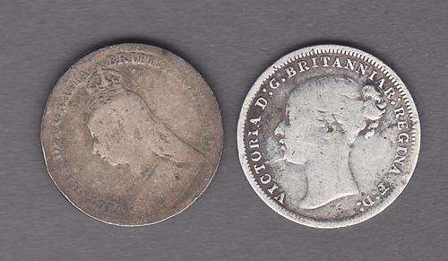 Great Britain 1877 & 1891 3 Pence .925 Silver CCW 2.66 Grams