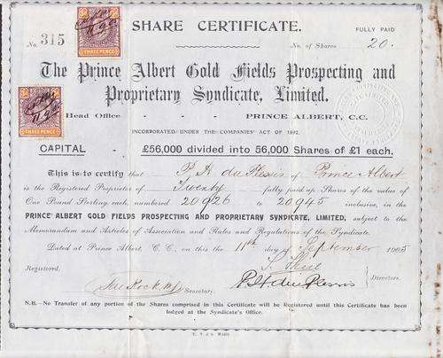 2 November 1905 Transfer of Share Certificate for Prince Albert Gold Fields Syndicate Limited