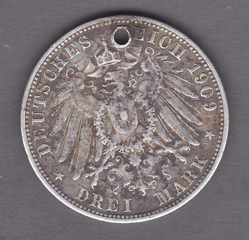 Prussia 1909A 3 Mark Holed. .90 Silver CW 16.41 Grams CVR150 F or R170 VF