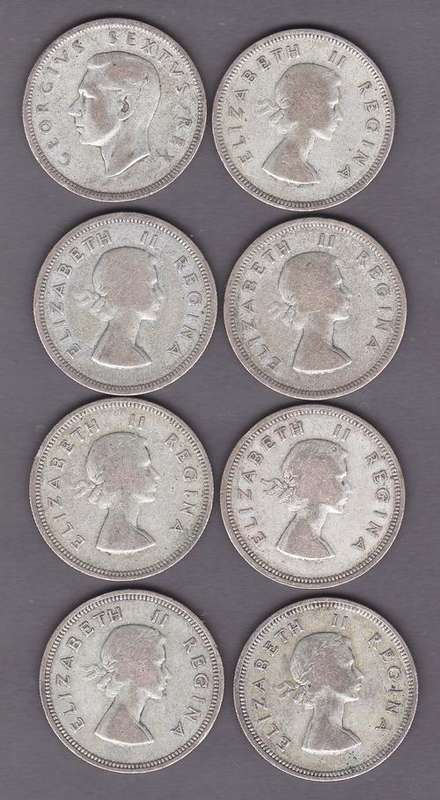 SAU 1952 to 1959 2 Shilling Coins .50 Silver 89 Grams R313
