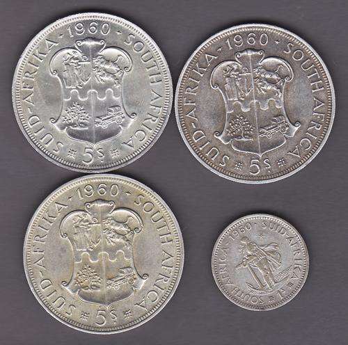 RSA First Decimal 3 x 1960 5 Shillings and 1960 1 Shilling .50 Silver 90.2 g