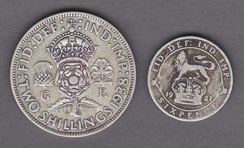 Great Britain 1921 6 Pence & 1938 3 Shilling .50 Silver 13.8 g