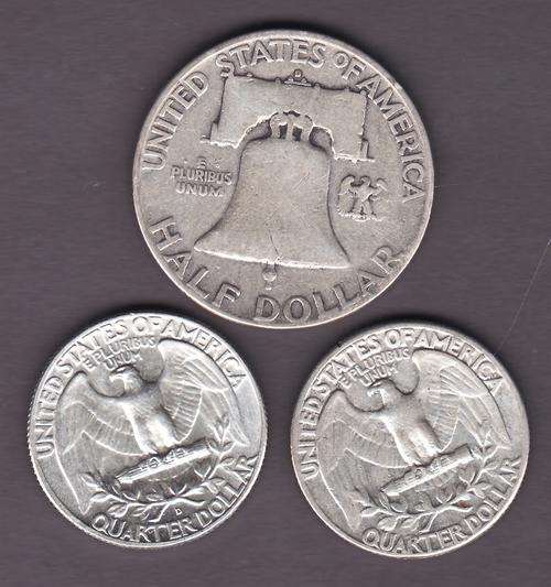 USA 1950D Half Dollar & 1960 & 1964 Quarter Dollar .90 Silver CCW 24.6 g