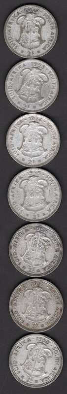 SAU 7 x 2 Shilling Coins From 1952 - 1958 .50 Silver CCW 78 Grams