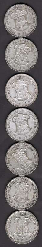 SAU 7 x 2 Shilling Coins From 1952 - 1958 .50 Silver CCW 78.2 Grams