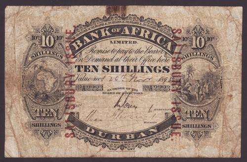 Rare Bank of Africa Durban 26th November 1895 Ten Shilling Salisbury Issue Ten Shillings Banknote