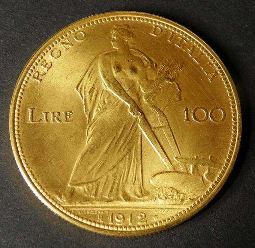 Rare Italy 1912R 100 Lire Gold Coin Only 4946 Minted. CV R103 570 in XF or R155 356 in UNC