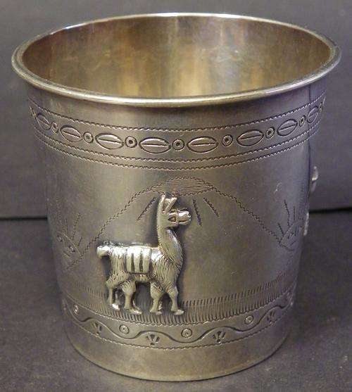 Silver 925 Peruvian Cup With Raised Figures Around The Edge