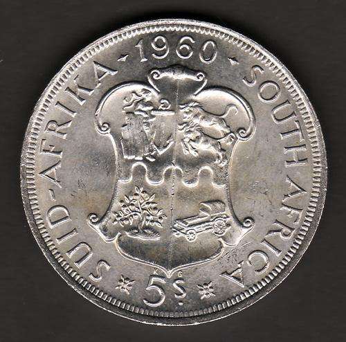 South African Union 1960 5 Shillings Coin. 50% Silver