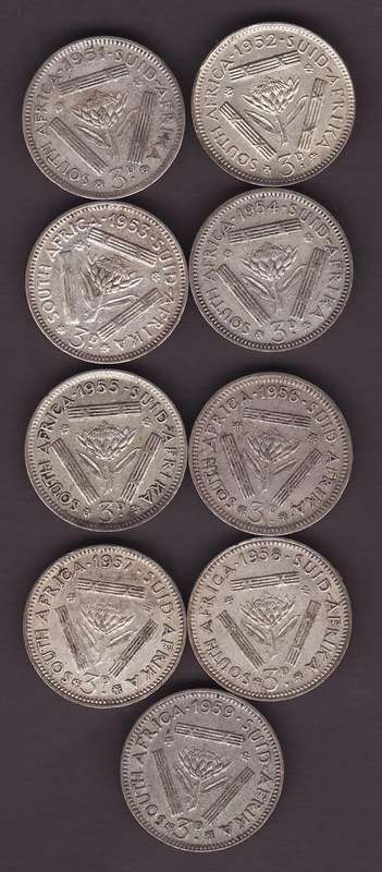 Union of South Africa 1951 to 1959 3 Pence (Tickey's) Set. 50% Silver