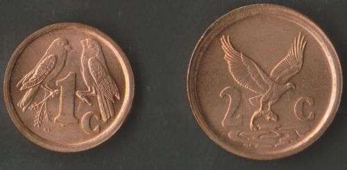 SOUTH AFRICA MINT ERRORS 1 CENT "EXTRA LEAVES" 2 CENT "FALLING FEATHER" -UNC