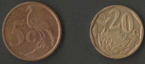 SOUTH AFRICA MINT ERRORS ROTATED DIE 5 CENTS AND 20 CENTS COINS