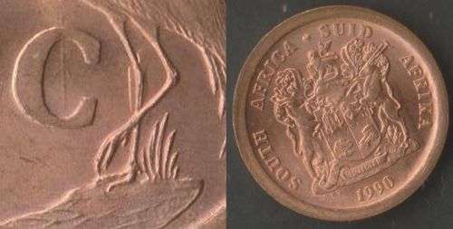 SOUTH AFRICA MINT ERROR 1990 5 CENT COINS x 2 WITH CRACKED DIE, EXTRA THICK LEG &ROTATED DIE- UNC