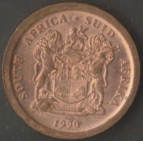 SOUTH AFRICA MINT ERROR 1990 5 CENT COINS x 2 WITH CRACKED DIE, EXTRA THICK LEG &ROTATED DIE- UNC