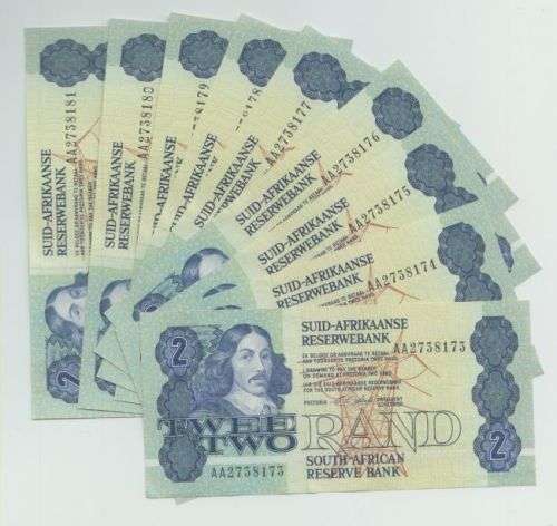 SOUTH AFRICA R 2 TWO RAND FIRST ISSUE C STALS BANKNOTES IN NUMBER SEQUENCE x 9 - UNC