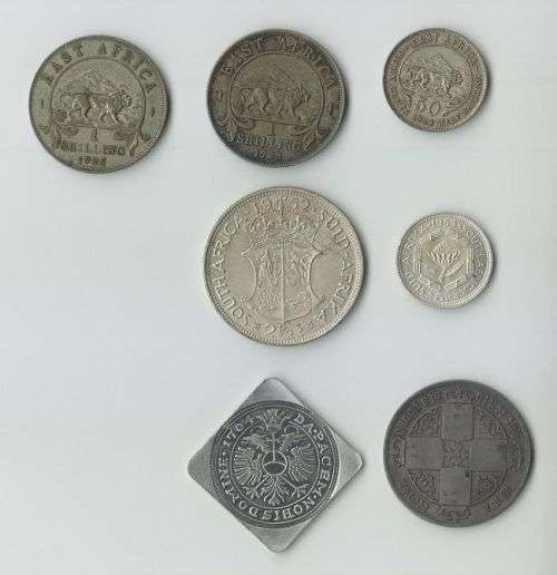 SILVER COIN LOT INCLUDING SOUTH AFRICA GREAT BRITAIN EAST AFRICA AND GERMANY