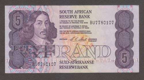 SOUTH AFRICA FIVE RAND C STALS BANKNOTE WITH ERROR EXTRA HAIR/INK BLOB - AU CONDITION