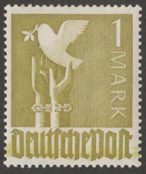 1947 GERMANY JOINT ALLIED OCCUPATION 1 MARK DOVE OF PEACE ERROR - LARGE INK SMEAR-MINT HINGE REMAINS