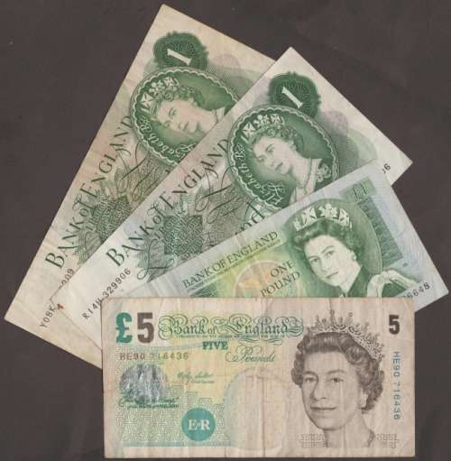 GREAT BRITAIN BANK OF ENGLAND 5 POUND BANKNOTE AND 3 x 1 POUND BANKNOTES