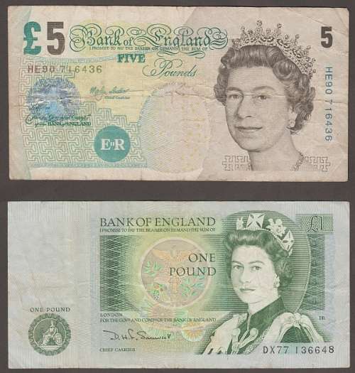 GREAT BRITAIN BANK OF ENGLAND 5 POUND BANKNOTE AND 3 x 1 POUND BANKNOTES