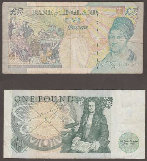 GREAT BRITAIN BANK OF ENGLAND 5 POUND BANKNOTE AND 3 x 1 POUND BANKNOTES