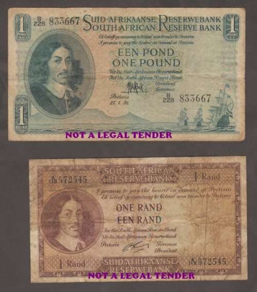 SOUTH AFRICA MH de KOCK ONE POUND BANKNOTE G RISSIK ONE Rand, TWO Rand and TEN RAND BANKNOTES