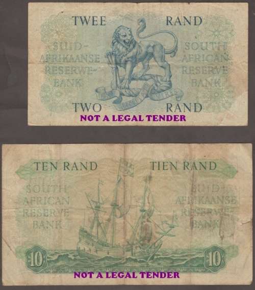 SOUTH AFRICA MH de KOCK ONE POUND BANKNOTE G RISSIK ONE Rand, TWO Rand and TEN RAND BANKNOTES