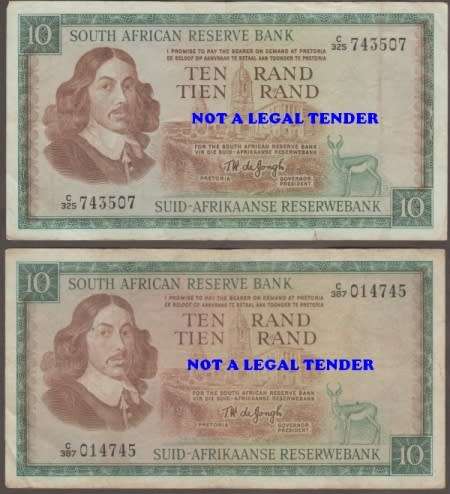 SOUTH AFRICA TW de JONGH R1, R 2, R 5 and R 10 BANKNOTE LOT BOTH WATERMARKS