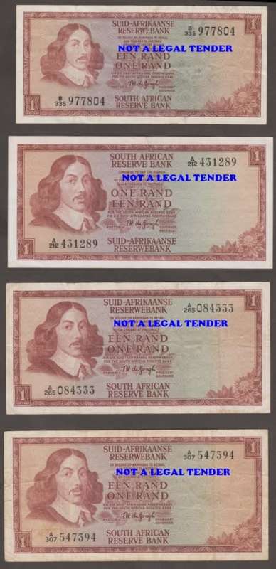 SOUTH AFRICA TW de JONGH R1, R 2, R 5 and R 10 BANKNOTE LOT BOTH WATERMARKS