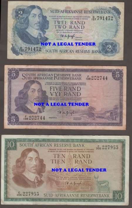 SOUTH AFRICA TW de JONGH R1, R 2, R 5 and R 10 BANKNOTE LOT BOTH WATERMARKS