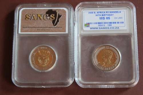 *** Great 2008 Madiba 90th Brithday R5 Coins Graded MS65 By SANGS @ a Great Price ***