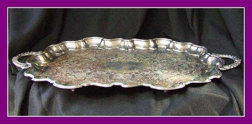 Large Embossed EMESS Silver Plated Serving Tray with Ball Feet