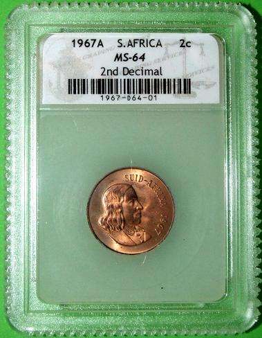 Graded Coin - 1967A South Africa 2 Cent (MS-64)