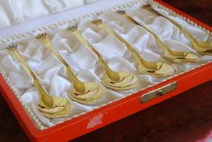 Danish Gilded Silver and Enamelled BOXED TEASPOONS