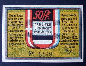 German NOTGELD - 50pf. Knivsberg Plebiscit 1920