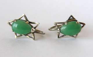 Silver Star EARRINGS with Green Jade Stones