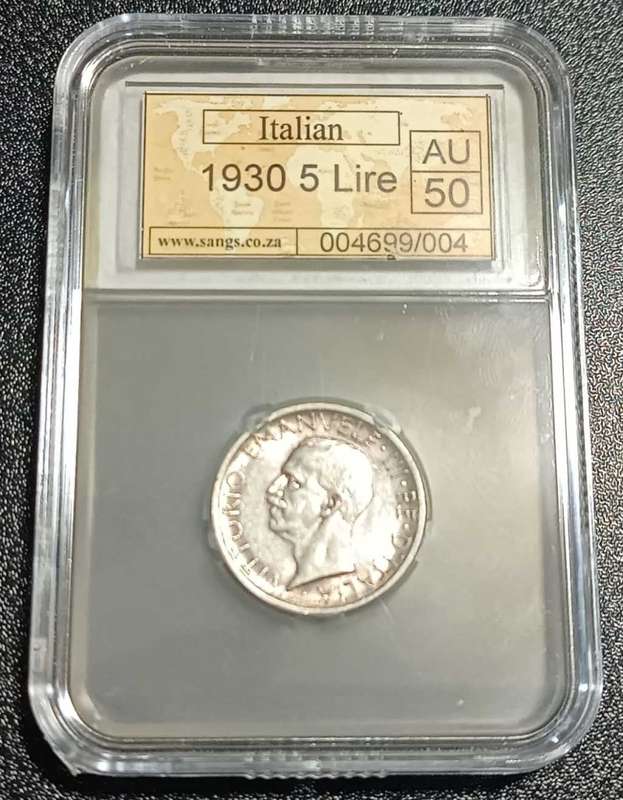 Kingdom of Italy 1930R 5 Lire Silver Coin - GRADED AU50