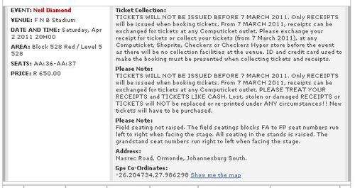 2 tickets: Neil Diamond Johannesburg Show (Saturday 2 April)