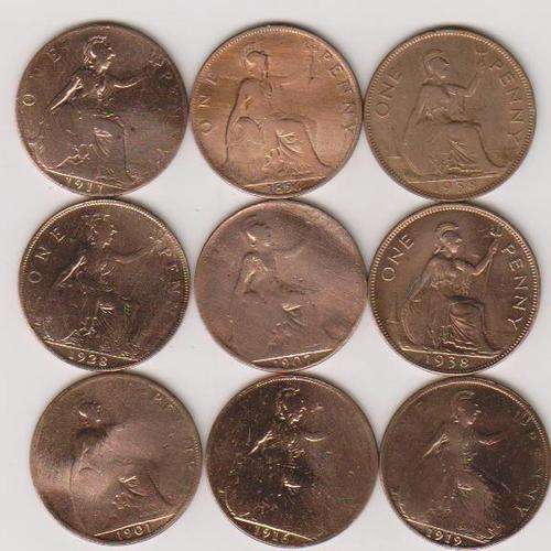 9X ONE PENNY 1919--1938--1958-1896-1907-1916-1917-1901-1928