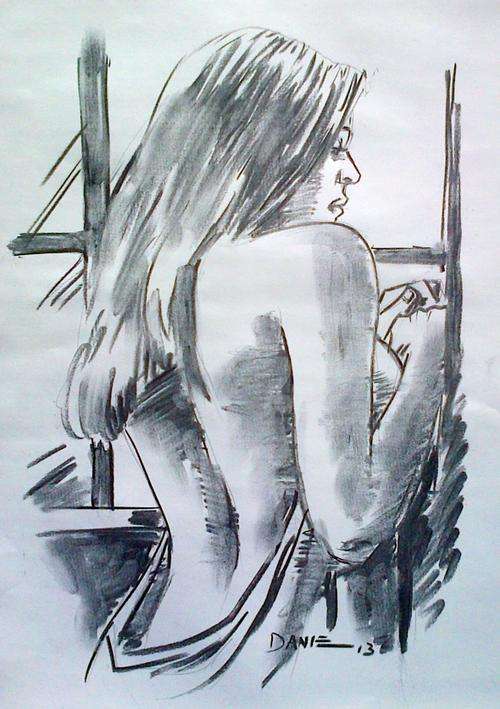 At the Window, original charcoal drawing by Danie Cronje, unframed