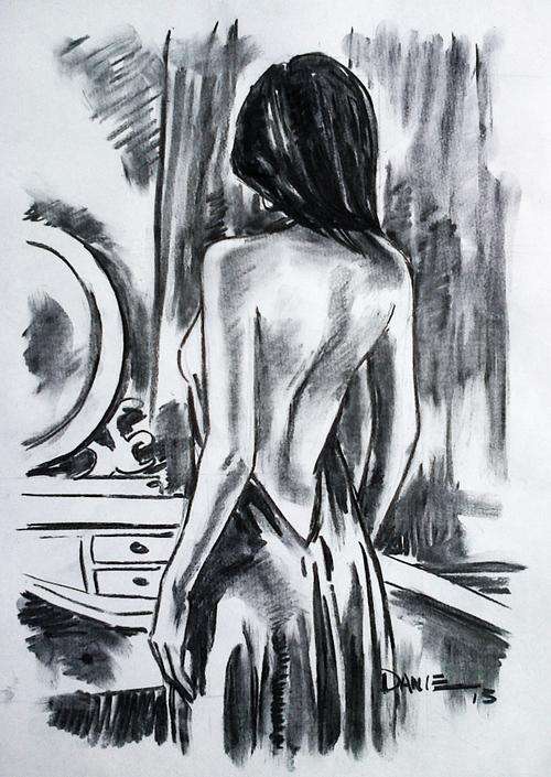 Mirror, original charcoal drawing by Danie cronje, unframed