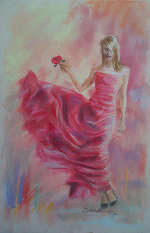 Red Dress, pastel artwork by Danie Cronje, unframed.