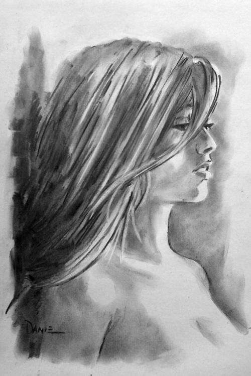 Hair, charcoal artwork by Danie Cronje, unframed.