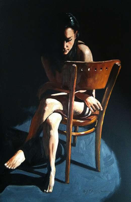 Nude on chair, oil painting by Danie Cronje, blocked canvas, ready to hang