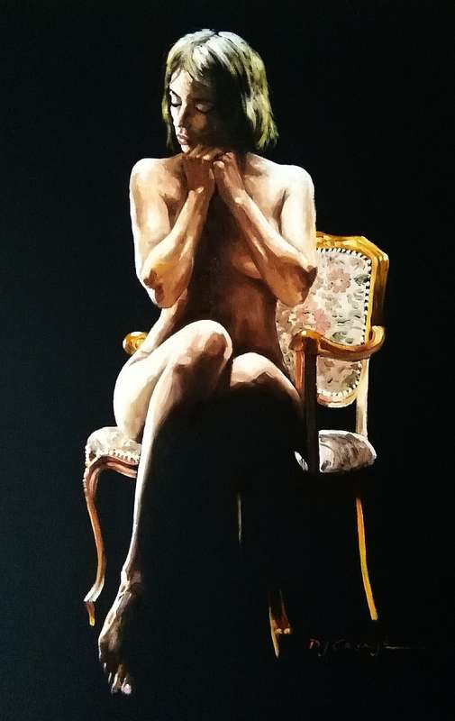 Nude on chair III, oil painting by Danie Cronje, blocked canvas, ready to hang