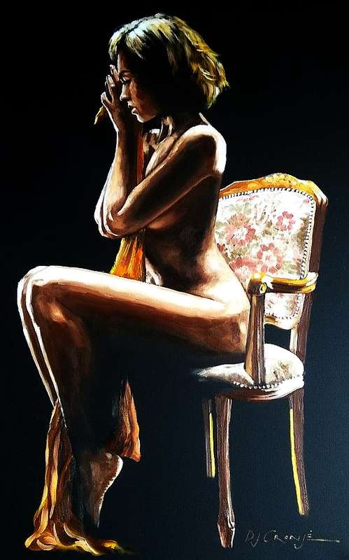Nude on chair IV, oil painting by Danie Cronje, blocked canvas, ready to hang.