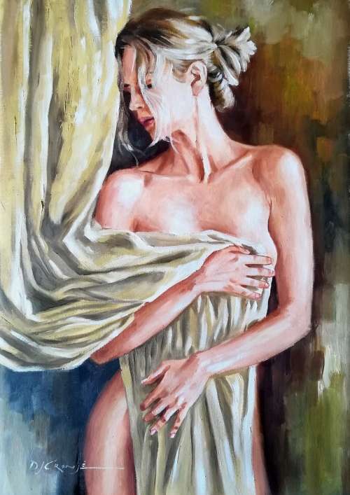 Behind curtains, oil painting by Danie Cronjé, unframed