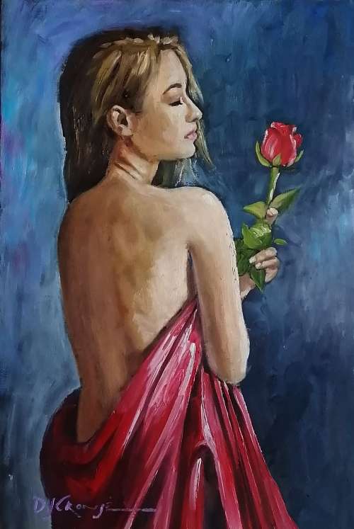 Semi Nude with Red Rose, oil painting by Danie Cronje on canvas panel, unframed